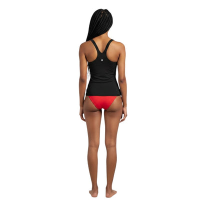The Lifeguard Store black racer back tankini top with quick-dry polyester stretch fabric, back view on a model.