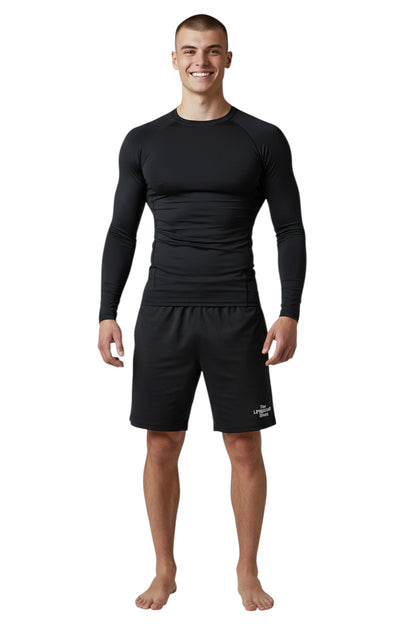 The Lifeguard Store Kiefer Solid Long Sleeve Crewneck Rashguard in black, made of 91% polyester and 9% spandex with UPF50+ UV protection.