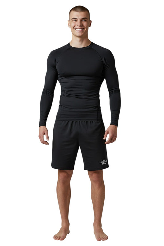 The Lifeguard Store Kiefer Solid Long Sleeve Crewneck Rashguard in black, made of 91% polyester and 9% spandex with UPF50+ UV protection.
