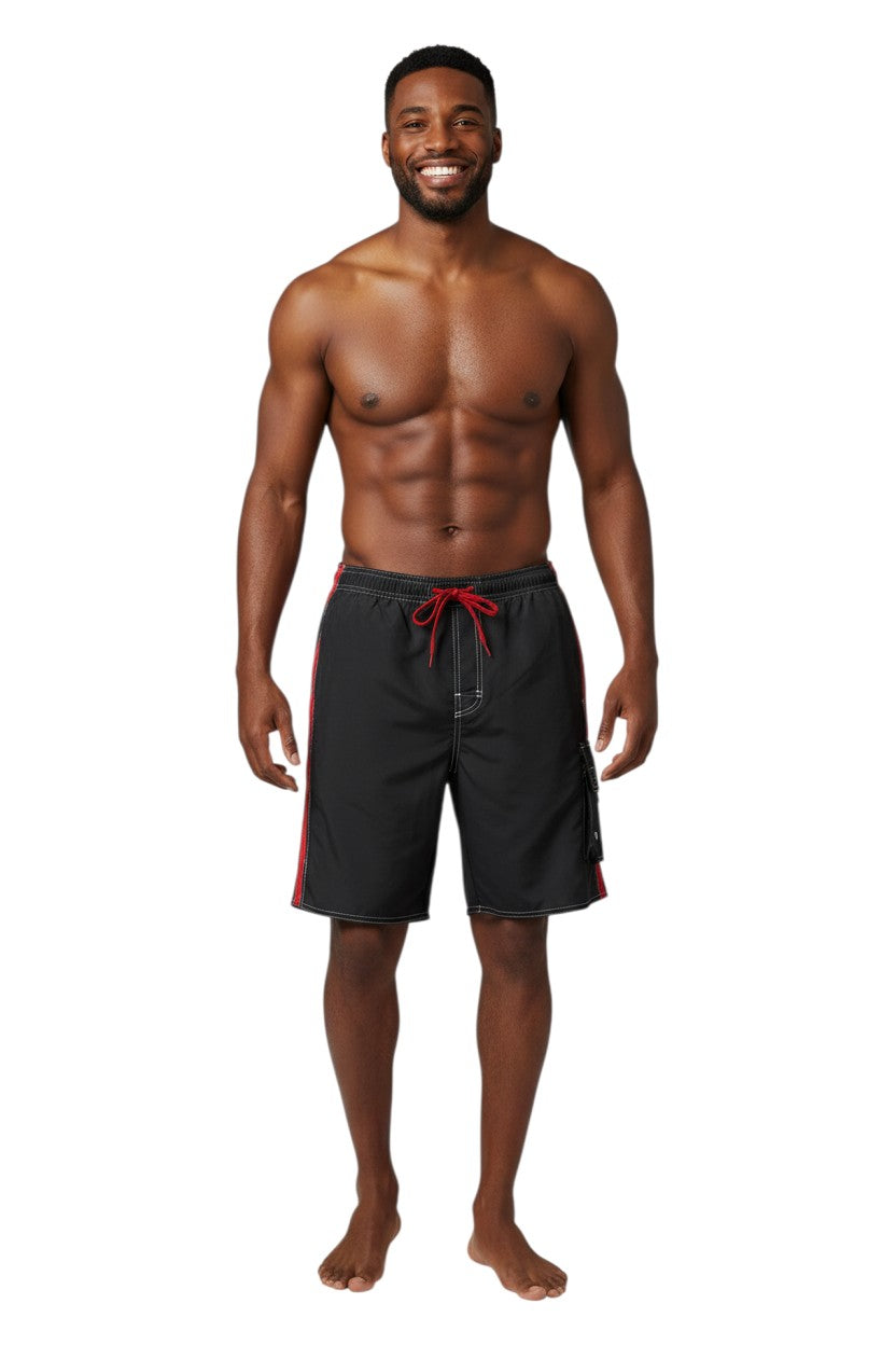 The Lifeguard Store black board shorts with red stripe accents, drawstring waist, and cargo pocket.