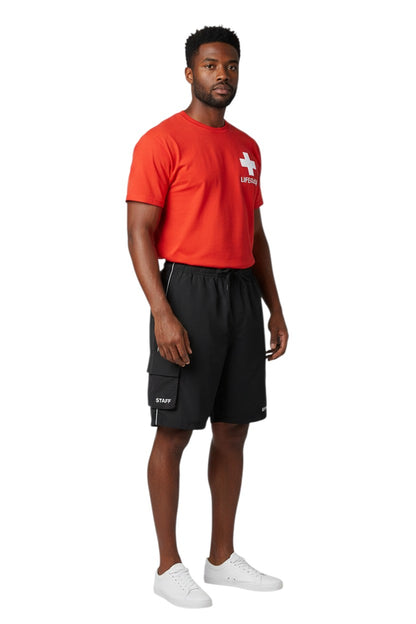 The Lifeguard Store black polyester staff board shorts with liner, elastic waistband, drawstring, and cargo pocket.