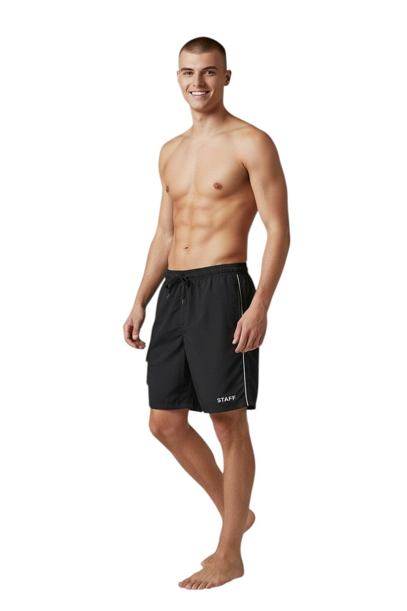 The Lifeguard Store black polyester staff board shorts with drawstring, cargo pocket, and UPF30+ protection.