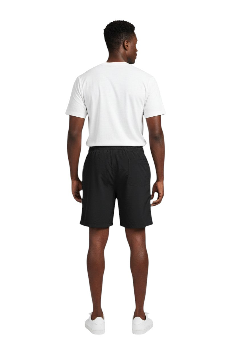 The Lifeguard Store black polyester staff board shorts with liner, elastic waistband, drawstring, and cargo pocket.