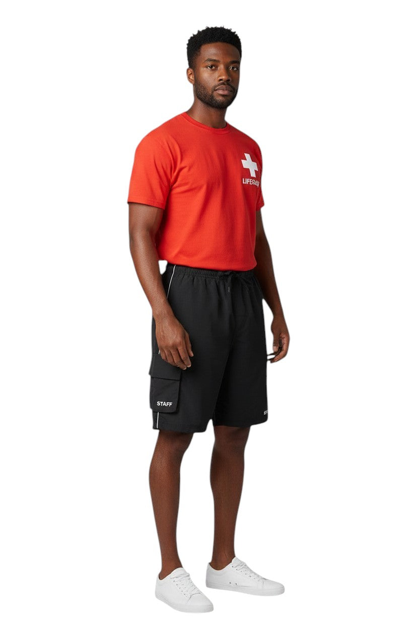 The Lifeguard Store black polyester staff board shorts with liner, elastic waistband, drawstring, and cargo pocket.