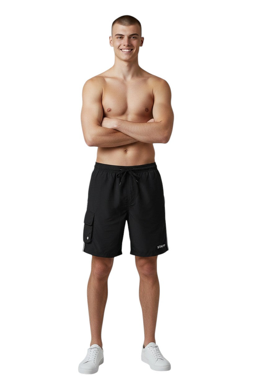 The Lifeguard Store black polyester staff board shorts with elastic waistband, drawstring, cargo pocket, and UPF30+ protection.