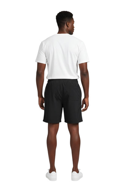 The Lifeguard Store black polyester staff board shorts with liner, elastic waistband, drawstring, and cargo pocket.