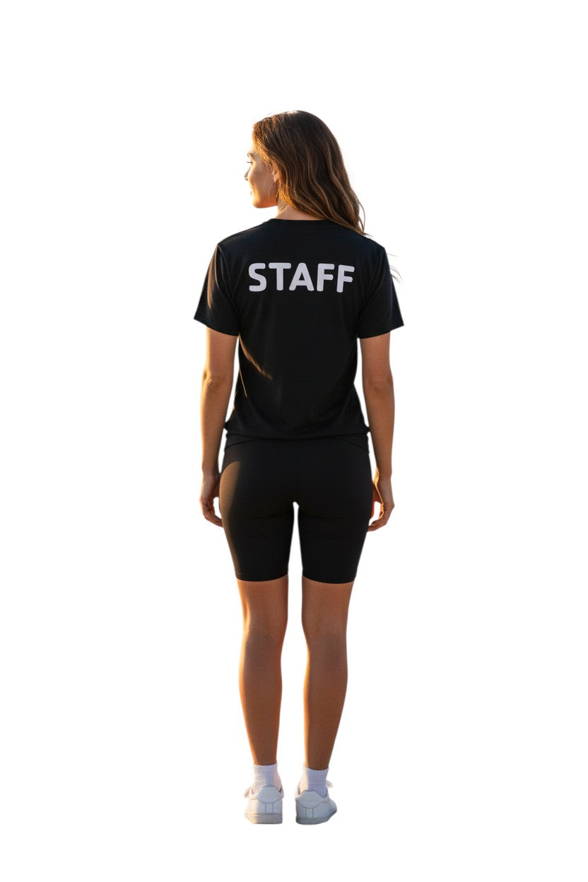 The Lifeguard Store black polyester Dri-Fit t-shirt with white STAFF logo on back. Short sleeves, crew neck.