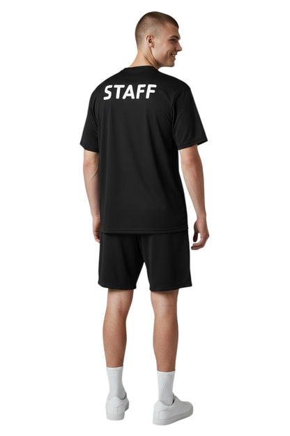 The Lifeguard Store black polyester Dri-Fit t-shirt with white STAFF logo on back. Short sleeves, crew neck.