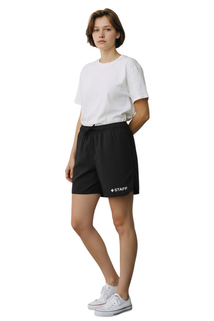 The Lifeguard Store black polyester 5-inch inseam staff shorts with drawstring waist and side vents.
