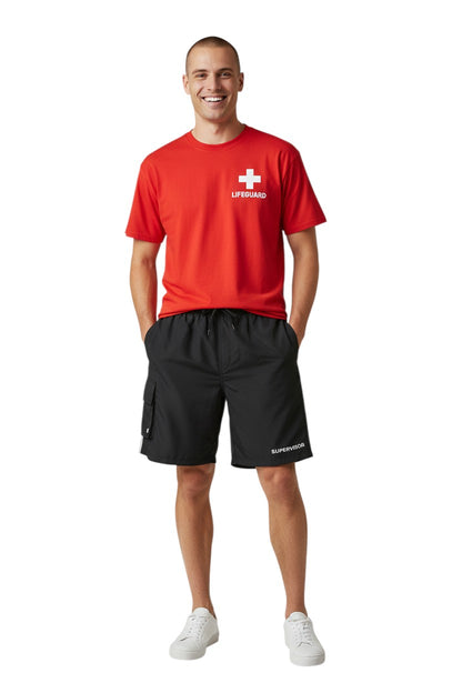 The Lifeguard Store black polyester supervisor board shorts with drawstring, cargo pocket, and UPF30+ protection.