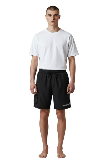 The Lifeguard Store black polyester supervisor board shorts with liner, drawstring waist, cargo pocket, and UPF30+ protection.