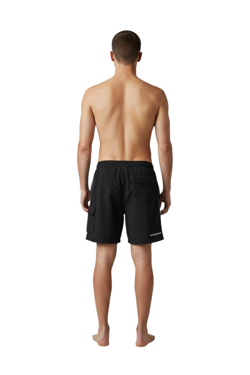 The Lifeguard Store black polyester supervisor board shorts with liner, drawstring waist, cargo pocket, and UPF30+ protection.