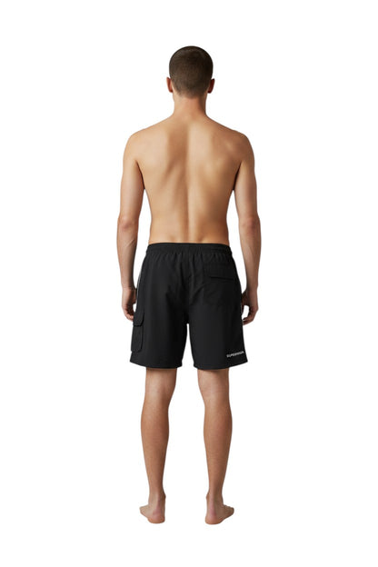 The Lifeguard Store black polyester supervisor board shorts with liner, drawstring waist, cargo pocket, and UPF30+ protection.