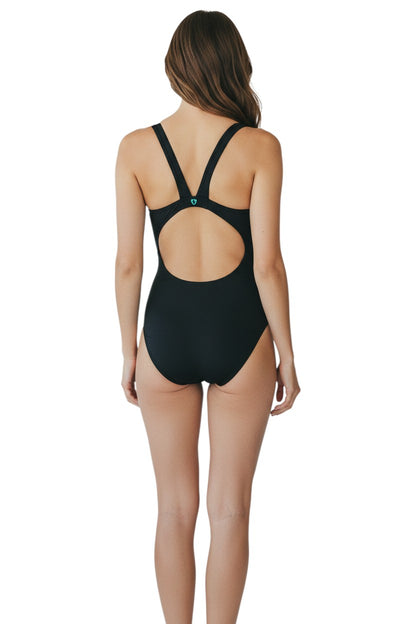 The Lifeguard Store black polyester-spandex swimsuit with MB back and built-in shelf bra.