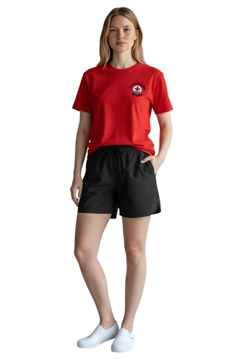 The Lifeguard Store black polyester 5-inch inseam women's athletic shorts with drawstring and pockets.