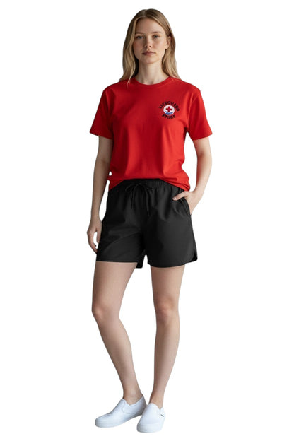 The Lifeguard Store black polyester 5-inch inseam women's athletic shorts with drawstring and pockets.