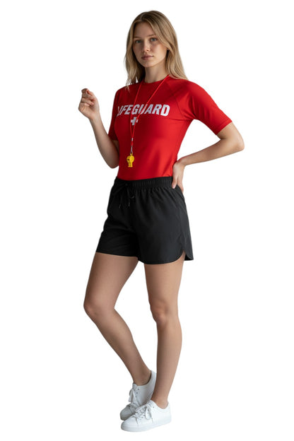The Lifeguard Store black polyester 5" inseam women's athletic shorts with drawstring and pockets.