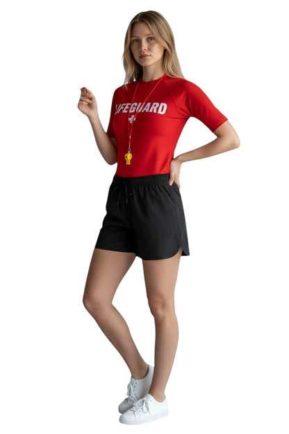 The Lifeguard Store black polyester 5" inseam women's athletic shorts with drawstring and pockets.