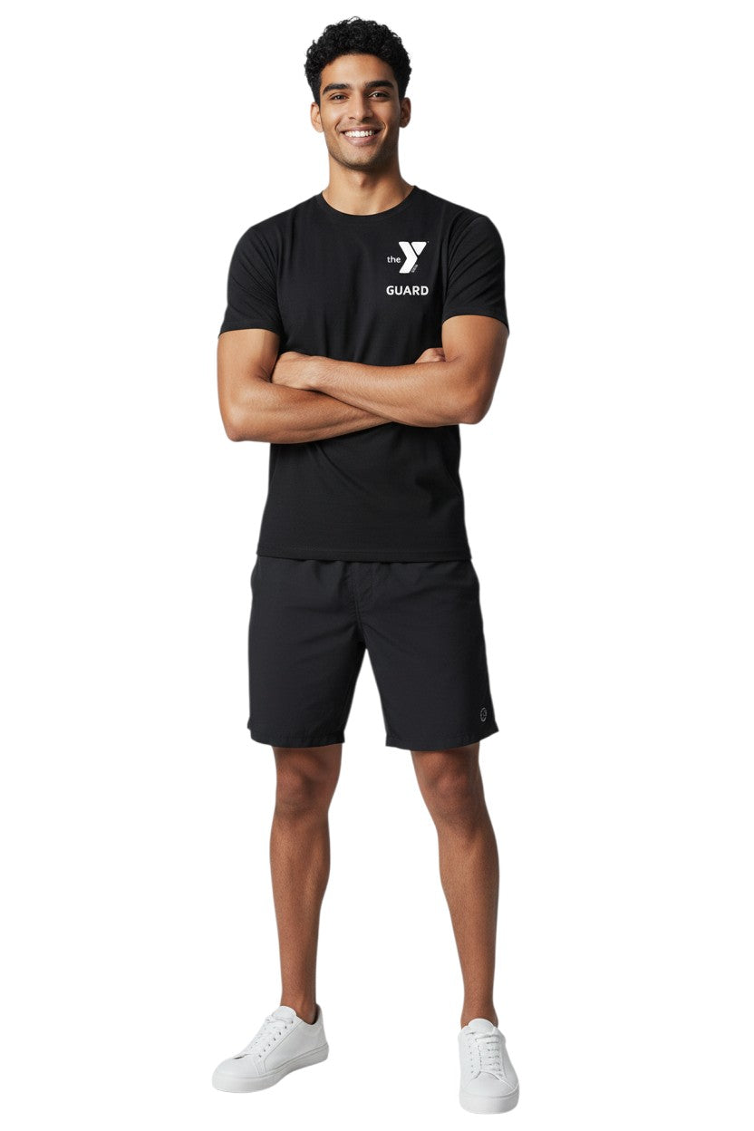 The Lifeguard Store black short-sleeve rashguard with YMCA Guard logo. Made of 91% polyester, 9% spandex.