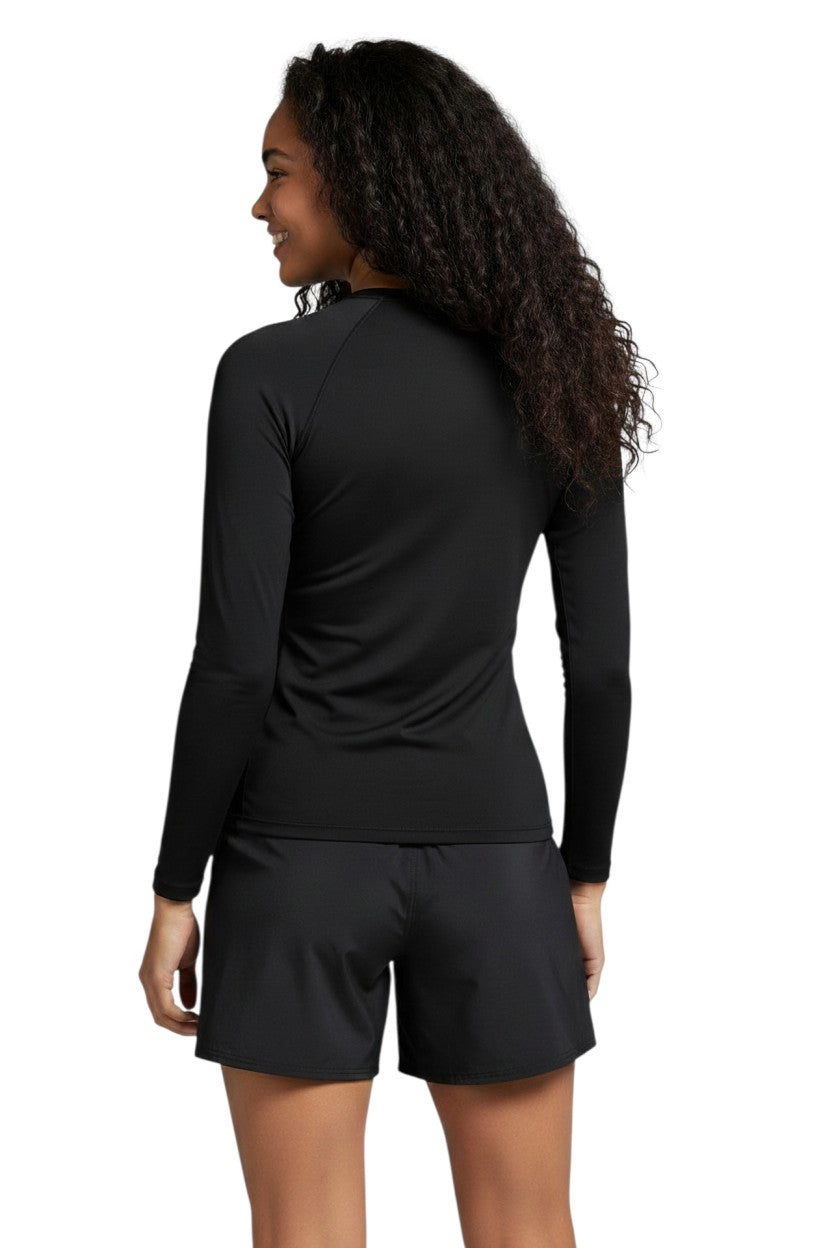 The Lifeguard Store black long-sleeve rashguard with YMCA Kiefer Guard logo on back. Made of poly-spandex.