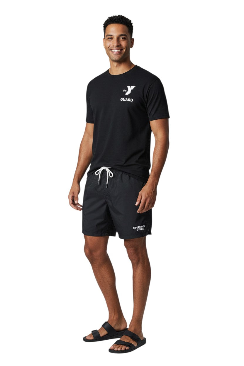 The Lifeguard Store black short-sleeve rashguard with YMCA Guard logo. Made of 91% polyester and 9% spandex.