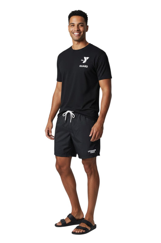 The Lifeguard Store black short-sleeve rashguard with YMCA Guard logo. Made of 91% polyester and 9% spandex.
