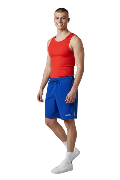 The Lifeguard Store blue polyester board shorts with white side stripe and drawstring waist. Features 7" inseam.