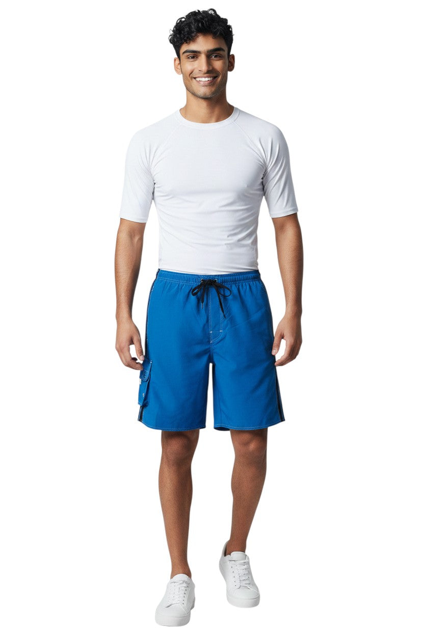 The Lifeguard Store blue polyester board shorts with black side stripes, drawstring waist, and cargo pocket.