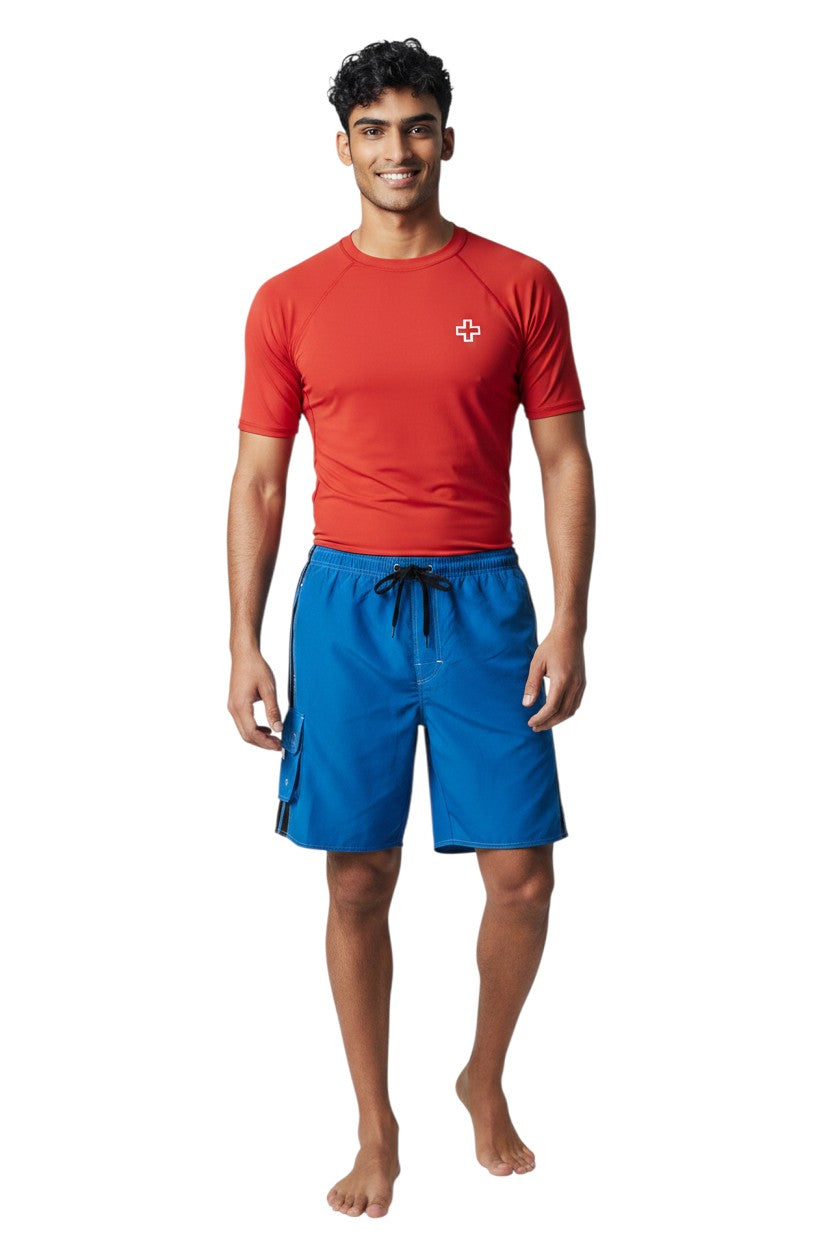 The Lifeguard Store blue polyester board shorts with black side stripes, drawstring waist, and cargo pocket.