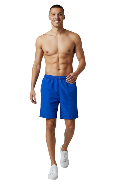 The Lifeguard Store blue polyester board shorts with elastic waistband and drawstring, UPF30+ protection.
