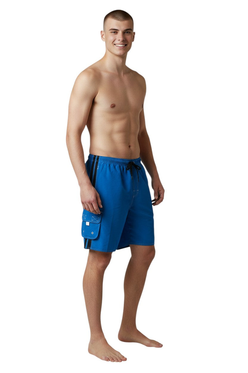 The Lifeguard Store blue polyester board shorts with black side stripes and cargo pocket.