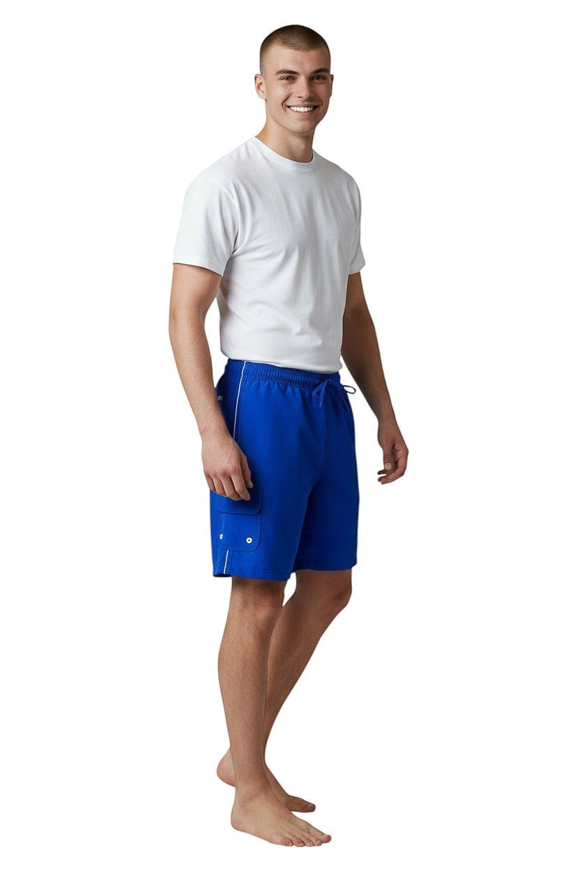 The Lifeguard Store royal blue polyester-spandex board shorts with white trim and drawstring waist.