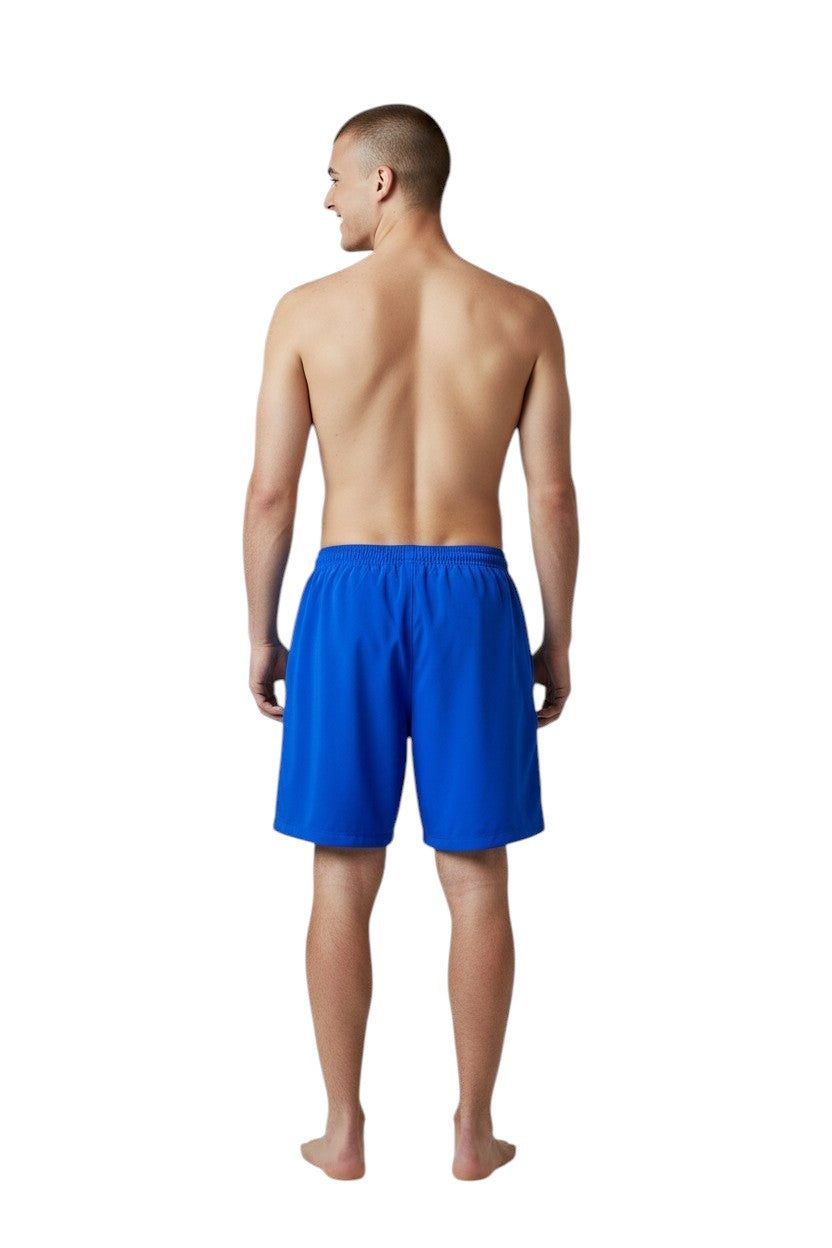 The Lifeguard Store blue polyester board shorts with elastic waistband and drawstring. Features quick-dry fabric and UPF30+ protection.