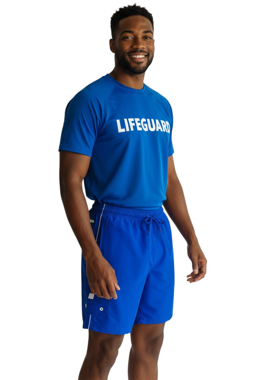The Lifeguard Store blue polyester board shorts with white piping, drawstring waist, and velcro pocket. 7" inseam.