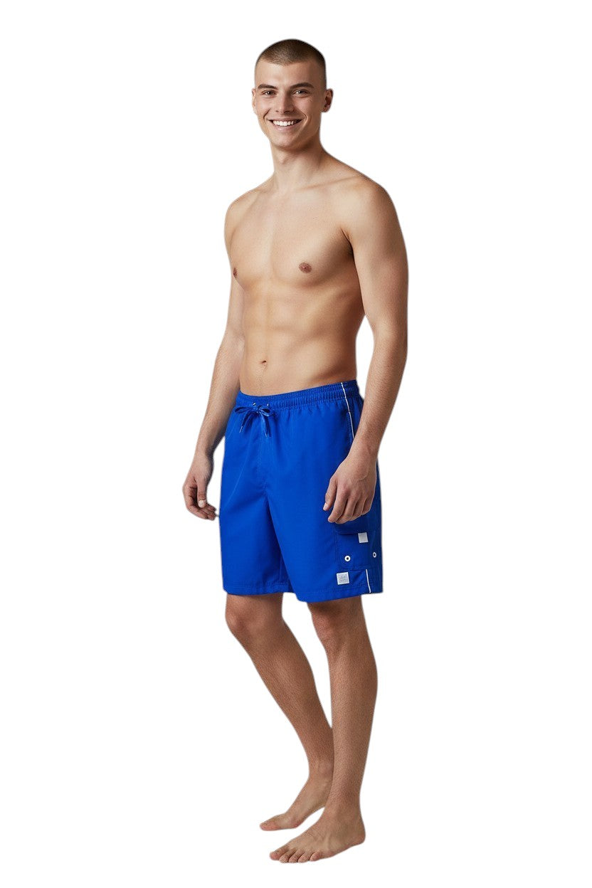The Lifeguard Store blue polyester board shorts with white trim, drawstring waist, and cargo pocket.