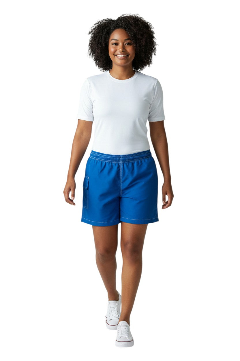 The Lifeguard Store blue polyester-spandex board shorts with elastic waistband, drawstring, and side pocket. 3" inseam.