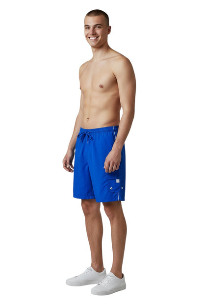 The Lifeguard Store blue polyester board shorts with white piping, drawstring waist, and cargo pocket.