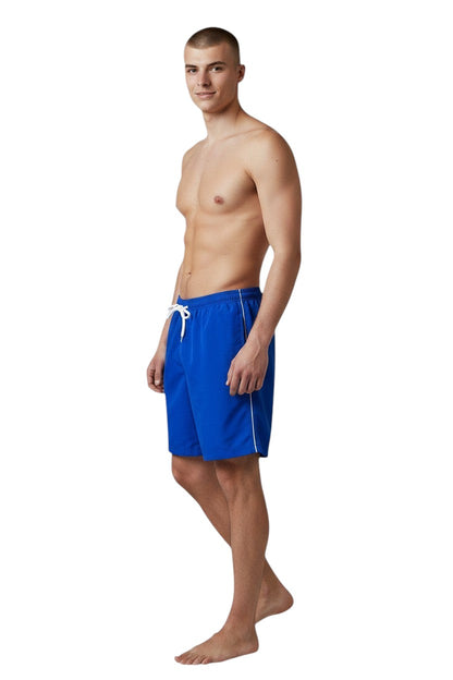 The Lifeguard Store blue polyester board shorts with white piping and drawstring waist. UPF30+ protection.