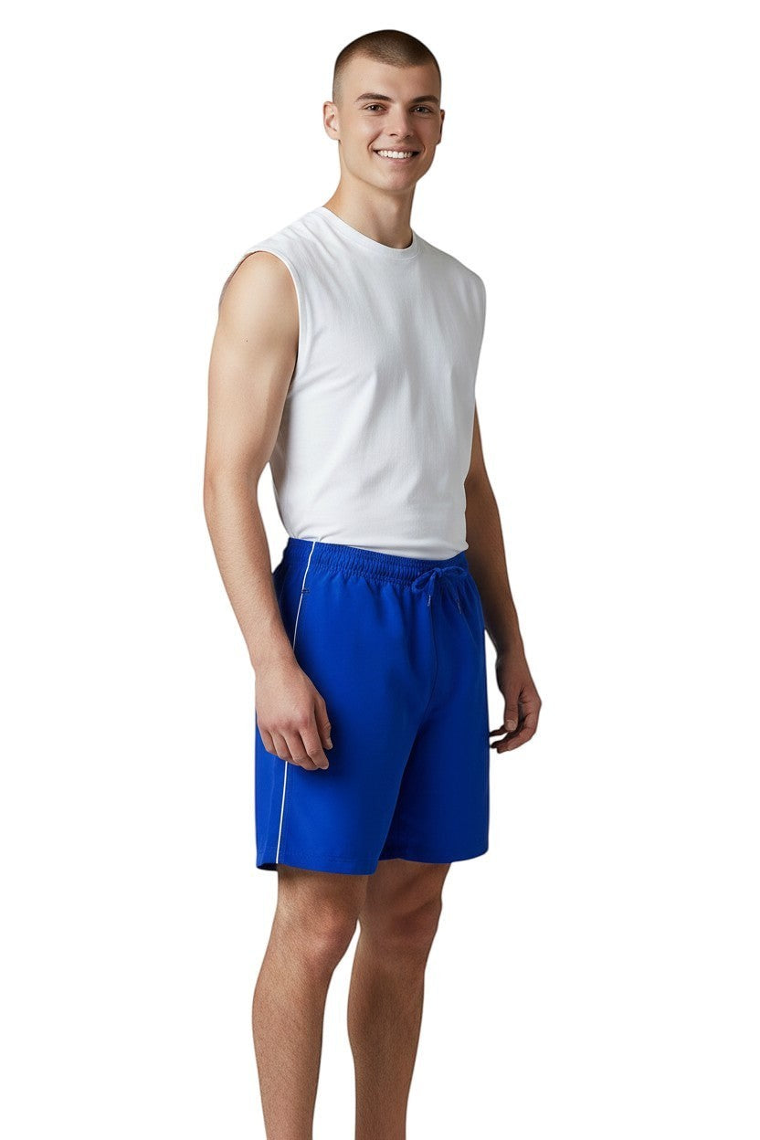 The Lifeguard Store royal blue polyester-spandex board shorts with white trim, drawstring waist, and velcro pocket.