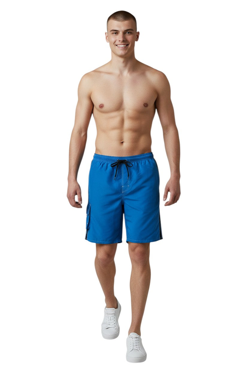 The Lifeguard Store blue polyester board shorts with black side stripes, drawstring waist, and cargo pocket.