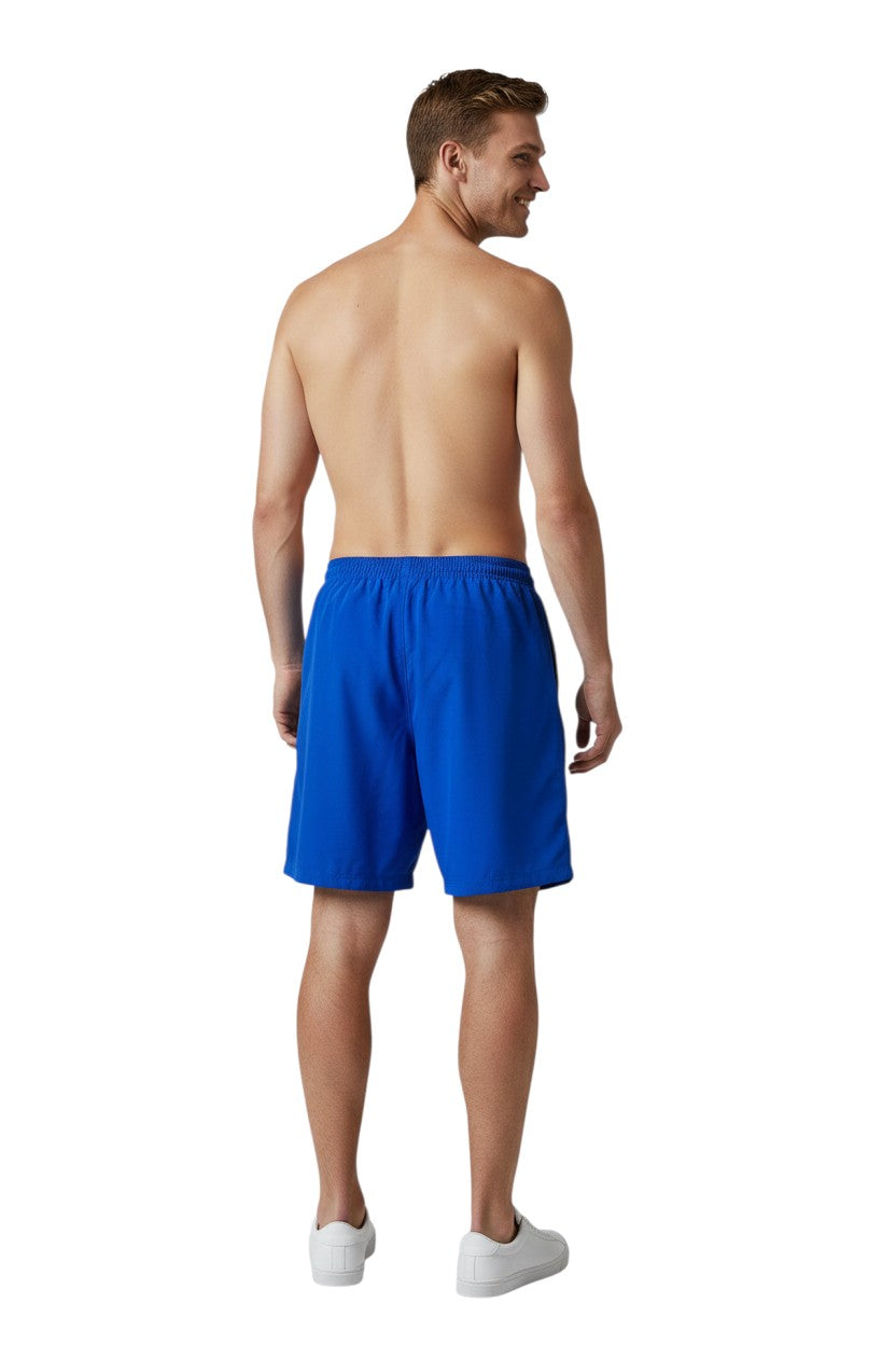 The Lifeguard Store blue polyester board shorts with liner, elastic waistband, and cargo pocket. UPF30+ protection.