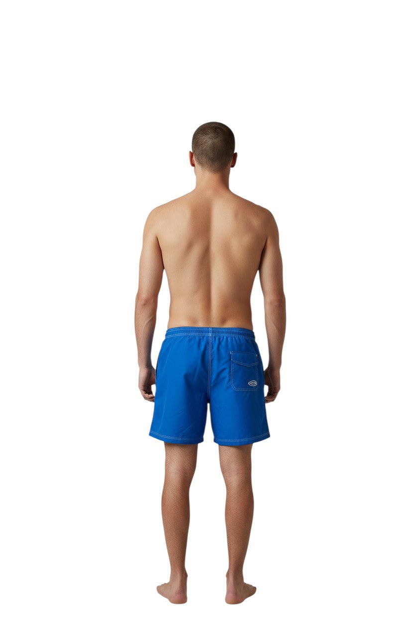 The Lifeguard Store blue polyester-spandex boardshorts with white drawstring, contrast stitching, and GUARD logo.