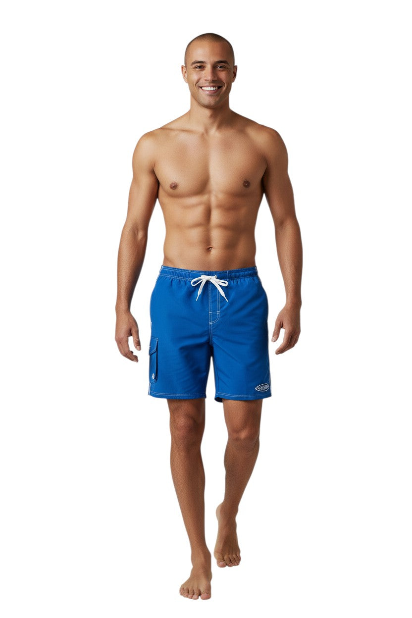The Lifeguard Store blue polyester-spandex boardshorts with white drawstring, contrast stitching, and GUARD logo.
