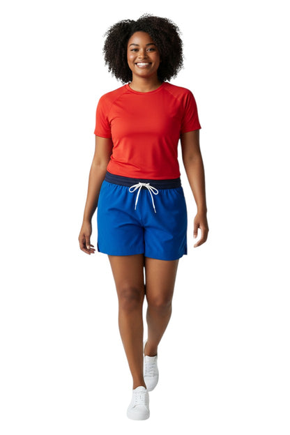 The Lifeguard Store blue polyester comfy shorts with elastic waistband, drawstring, and two front pockets. UPF30+ UV protection.