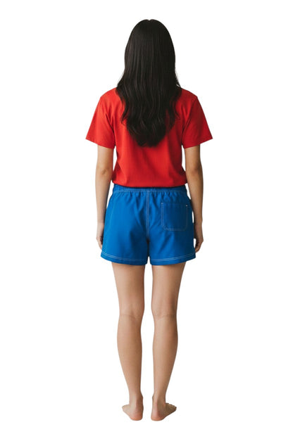 The Lifeguard Store blue polyester-spandex blend flex shorts with white contrast stitching and drawstring waist.
