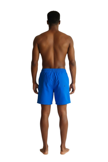 The Lifeguard Store blue polyester board shorts with liner, elastic waistband, drawstring, and cargo pocket.