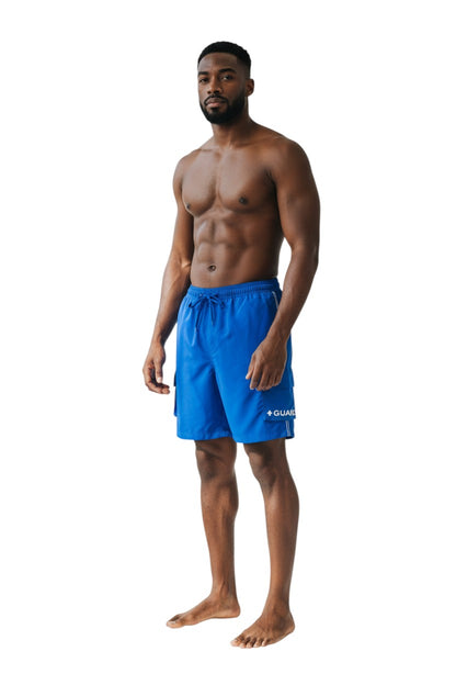 The Lifeguard Store blue polyester board shorts with liner, drawstring waist, cargo pocket, and GUARD logo.