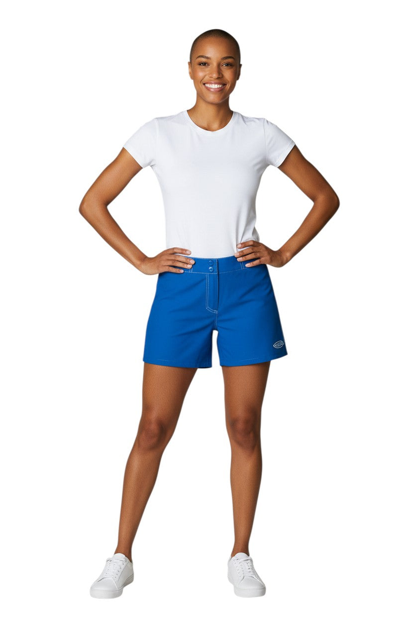 The Lifeguard Store blue polyester-spandex blend women's board shorts with drawstring waist and Guard logo.