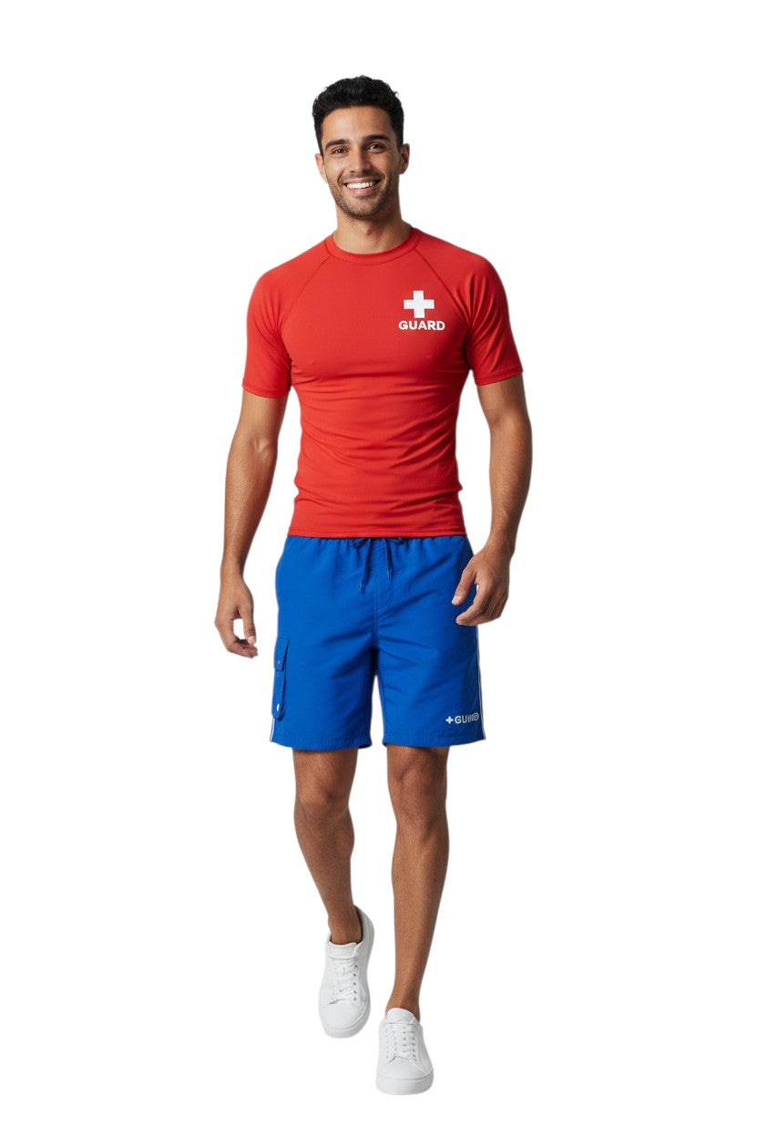 The Lifeguard Store blue polyester cargo board shorts with drawstring and "GUARD" logo.
