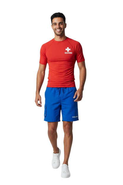The Lifeguard Store blue polyester cargo board shorts with drawstring and "GUARD" logo.